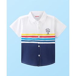 Babyhug Cotton Woven Half Sleeves Solid Color Shirt - White & Navy Blue