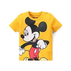 Babyhug Disney Cotton Knit Half Sleeves T-Shirt with Mickey Mouse Graphics Print - Mustard Yellow