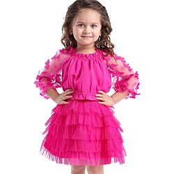 Babyhug Woven Full Sleeves Top & Layered Skirt Set with Butterfly Applique - Fuschia