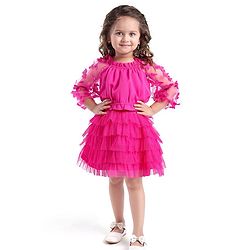 Babyhug Woven Full Sleeves Top & Layered Skirt Set with Butterfly Applique - Fuschia