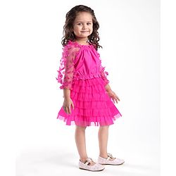Babyhug Woven Full Sleeves Top & Layered Skirt Set with Butterfly Applique - Fuschia