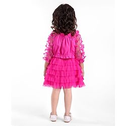 Babyhug Woven Full Sleeves Top & Layered Skirt Set with Butterfly Applique - Fuschia