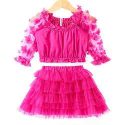 Babyhug Woven Full Sleeves Top & Layered Skirt Set with Butterfly Applique - Fuschia
