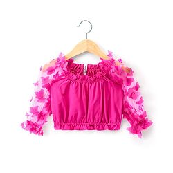 Babyhug Woven Full Sleeves Top & Layered Skirt Set with Butterfly Applique - Fuschia