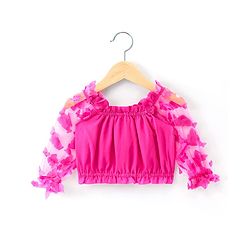 Babyhug Woven Full Sleeves Top & Layered Skirt Set with Butterfly Applique - Fuschia