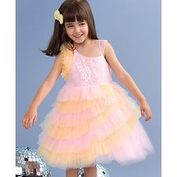 Babyhug Woven Sleeveless Fit and Flare Frilled Party Dress with Sequin & Glitter Detailing- Yellow & Pink
