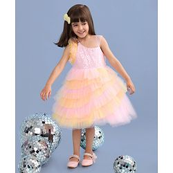 Babyhug Woven Sleeveless Fit and Flare Frilled Party Dress with Sequin & Glitter Detailing- Yellow & Pink
