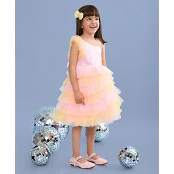Babyhug Woven Sleeveless Fit and Flare Frilled Party Dress with Sequin & Glitter Detailing- Yellow & Pink