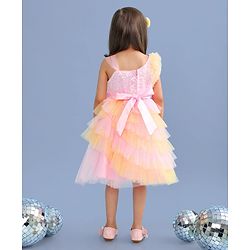 Babyhug Woven Sleeveless Fit and Flare Frilled Party Dress with Sequin & Glitter Detailing- Yellow & Pink