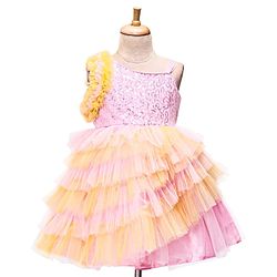 Babyhug Woven Sleeveless Fit and Flare Frilled Party Dress with Sequin & Glitter Detailing- Yellow & Pink