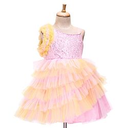 Babyhug Woven Sleeveless Fit and Flare Frilled Party Dress with Sequin & Glitter Detailing- Yellow & Pink