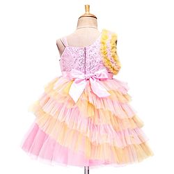 Babyhug Woven Sleeveless Fit and Flare Frilled Party Dress with Sequin & Glitter Detailing- Yellow & Pink