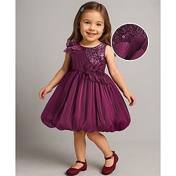 Babyhug Woven Sleeveless Fit and Flare Balloon Party Dress with Floral Corsage & Sequins Detailing  - Aubergine