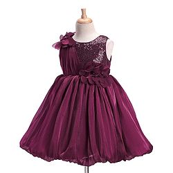 Babyhug Woven Sleeveless Fit and Flare Balloon Party Dress with Floral Corsage & Sequins Detailing  - Aubergine