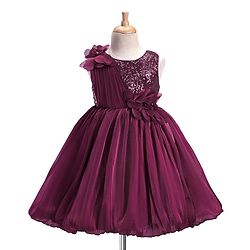 Babyhug Woven Sleeveless Fit and Flare Balloon Party Dress with Floral Corsage & Sequins Detailing  - Aubergine