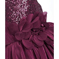 Babyhug Woven Sleeveless Fit and Flare Balloon Party Dress with Floral Corsage & Sequins Detailing  - Aubergine