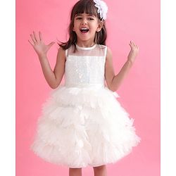 Babyhug Woven Sleeveless Fit and Flare Sequinned Yoke Frill Party Dress - Off White