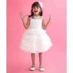 Babyhug Woven Sleeveless Fit and Flare Sequinned Yoke Frill Party Dress - Off White