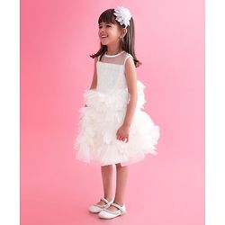 Babyhug Woven Sleeveless Fit and Flare Sequinned Yoke Frill Party Dress - Off White