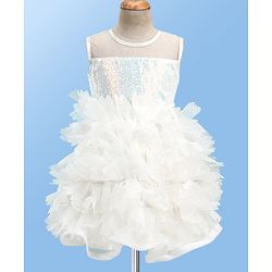 Babyhug Woven Sleeveless Fit and Flare Sequinned Yoke Frill Party Dress - Off White