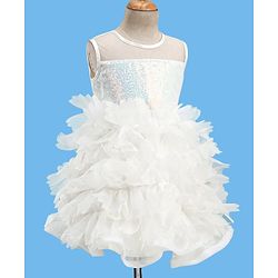 Babyhug Woven Sleeveless Fit and Flare Sequinned Yoke Frill Party Dress - Off White