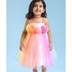 Babyhug Party Wear Sleeveless Dress With Floral Corsage -Multicolour