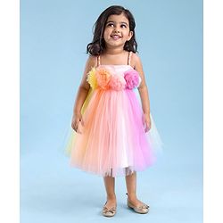 Babyhug Party Wear Sleeveless Dress With Floral Corsage -Multicolour