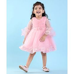 Babyhug Cold Shoulder Sleeve Fit and Flare Frilled Dress Floral Sequin & Corsage -Pink