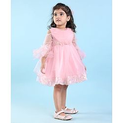 Babyhug Cold Shoulder Sleeve Fit and Flare Frilled Dress Floral Sequin & Corsage -Pink