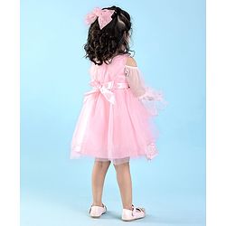 Babyhug Cold Shoulder Sleeve Fit and Flare Frilled Dress Floral Sequin & Corsage -Pink
