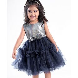 Babyhug Woven Sleeveless Party Wear Fit and Flare Dress with Shimmer Detailing - Navy Blue