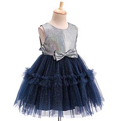 Babyhug Woven Sleeveless Party Wear Fit and Flare Dress with Shimmer Detailing - Navy Blue