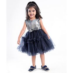 Babyhug Woven Sleeveless Party Wear Fit and Flare Dress with Shimmer Detailing - Navy Blue