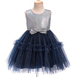 Babyhug Woven Sleeveless Party Wear Fit and Flare Dress with Shimmer Detailing - Navy Blue