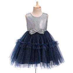 Babyhug Woven Sleeveless Party Wear Fit and Flare Dress with Shimmer Detailing - Navy Blue