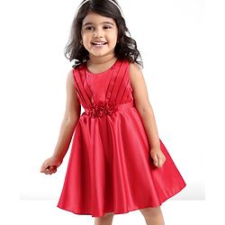 Babyhug Woven Sleeveless Party Frock With Pleats Detailing & Floral Applique - Red