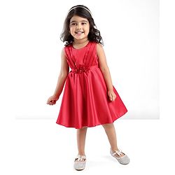 Babyhug Woven Sleeveless Party Frock With Pleats Detailing & Floral Applique - Red