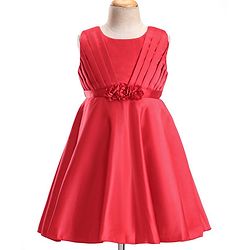 Babyhug Woven Sleeveless Party Frock With Pleats Detailing & Floral Applique - Red
