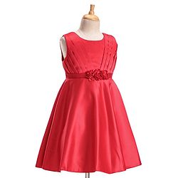 Babyhug Woven Sleeveless Party Frock With Pleats Detailing & Floral Applique - Red