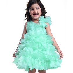 Babyhug Woven Sleeveless Party Wear Fit and Flare Sequinned Ruffled Dress - Mint Green