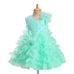Babyhug Woven Sleeveless Party Wear Fit and Flare Sequinned Ruffled Dress - Mint Green