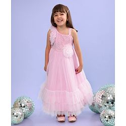 Babyhug Woven Sleeveless Fit and Flare Ruffled Party Dress with Sequin & Glitter Detailing-   -Light Pink