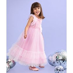 Babyhug Woven Sleeveless Fit and Flare Ruffled Party Dress with Sequin & Glitter Detailing-   -Light Pink