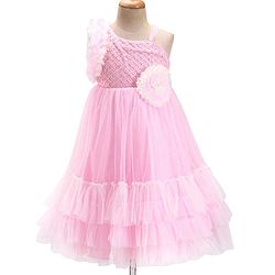Babyhug Woven Sleeveless Fit and Flare Ruffled Party Dress with Sequin & Glitter Detailing-   -Light Pink