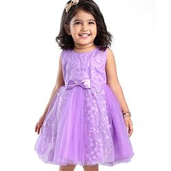 Babyhug Woven Sleeveless Party Wear Frock with Bow & Floral Applique - Lilac