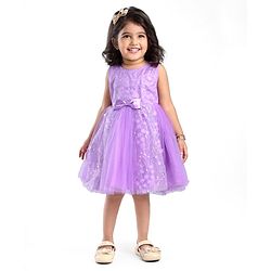 Babyhug Woven Sleeveless Party Wear Frock with Bow & Floral Applique - Lilac