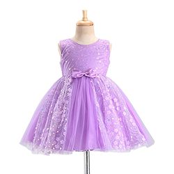 Babyhug Woven Sleeveless Party Wear Frock with Bow & Floral Applique - Lilac