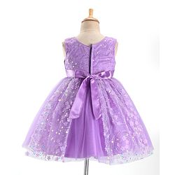 Babyhug Woven Sleeveless Party Wear Frock with Bow & Floral Applique - Lilac