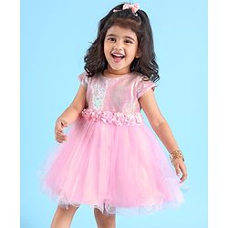 Babyhug Woven Cap Sleeves Party Dress With Sequin Detailing & Floral Corsage - Pink