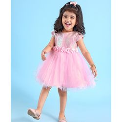 Babyhug Woven Cap Sleeves Party Dress With Sequin Detailing & Floral Corsage - Pink